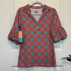 Tracy Negoshian Piper Blouse in Turquoise, Size XXS